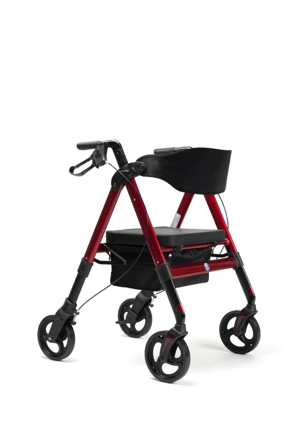 Goliat - Red - 3Q view GOLIAT chodzik rehabilitacyjny czterokołowy z regulowanym siedziskiem