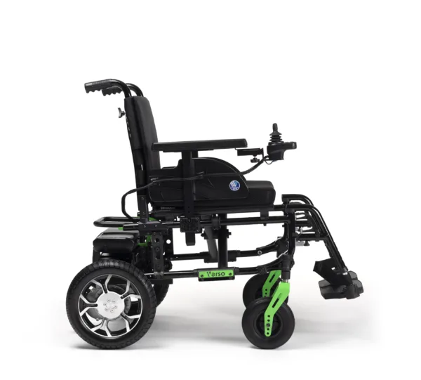 Verso - Black frame Green forks - Side view Wózek inwalidzki elektryczny składany VERSO